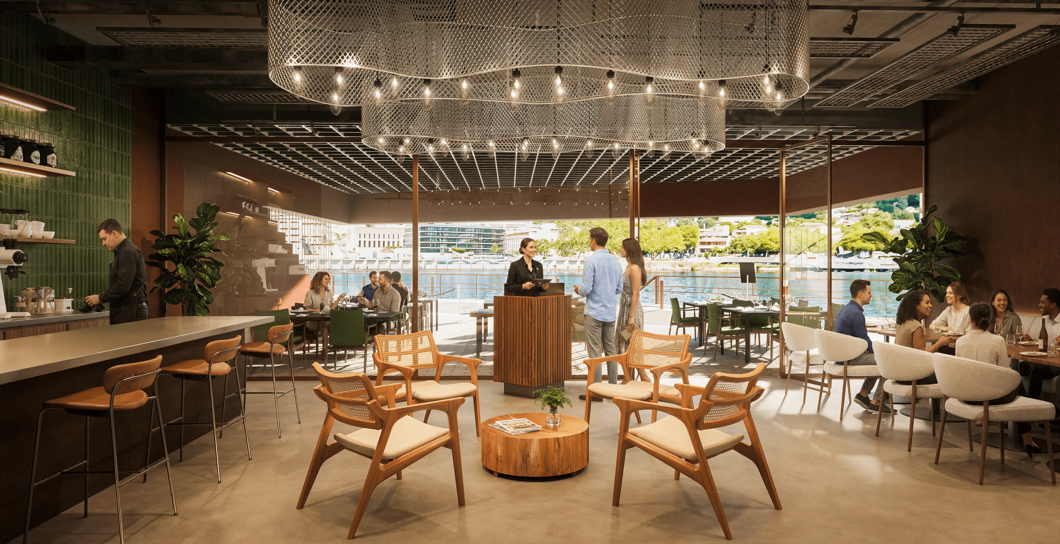 Interior of a contemporary waterfront restaurant featuring wooden furniture, woven cane armchairs, suspended decorative lighting, and expansive glass windows overlooking the marina, with guests socializing in a sophisticated and welcoming atmosphere.