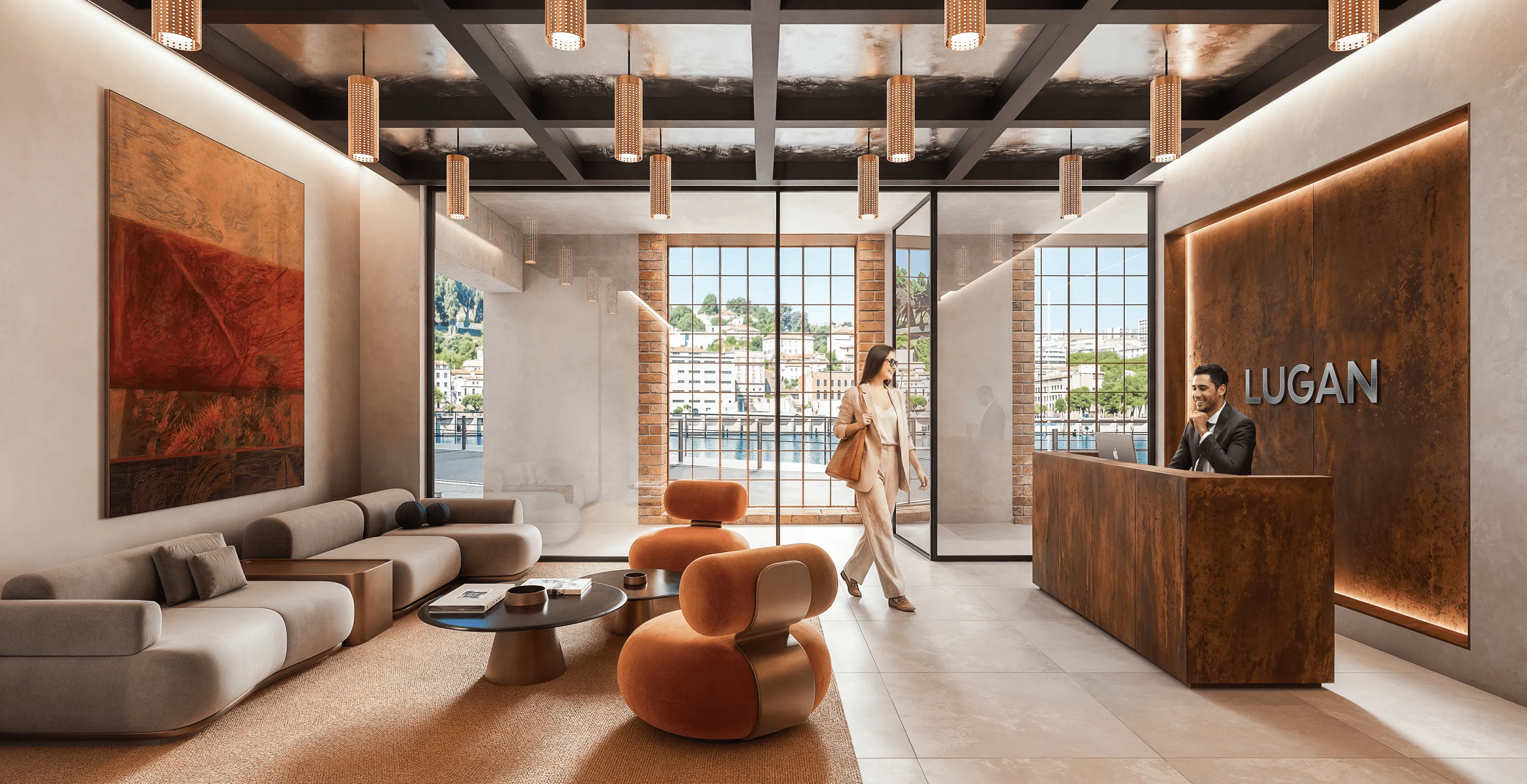 Modern reception area featuring warm earthy tones, sculptural lounge chairs, elegant pendant lighting, and a minimalist reception desk with a rust-textured finish. A visitor walks through the sophisticated space while a receptionist welcomes her, with floor-to-ceiling windows offering views of the waterfront and surrounding city.
