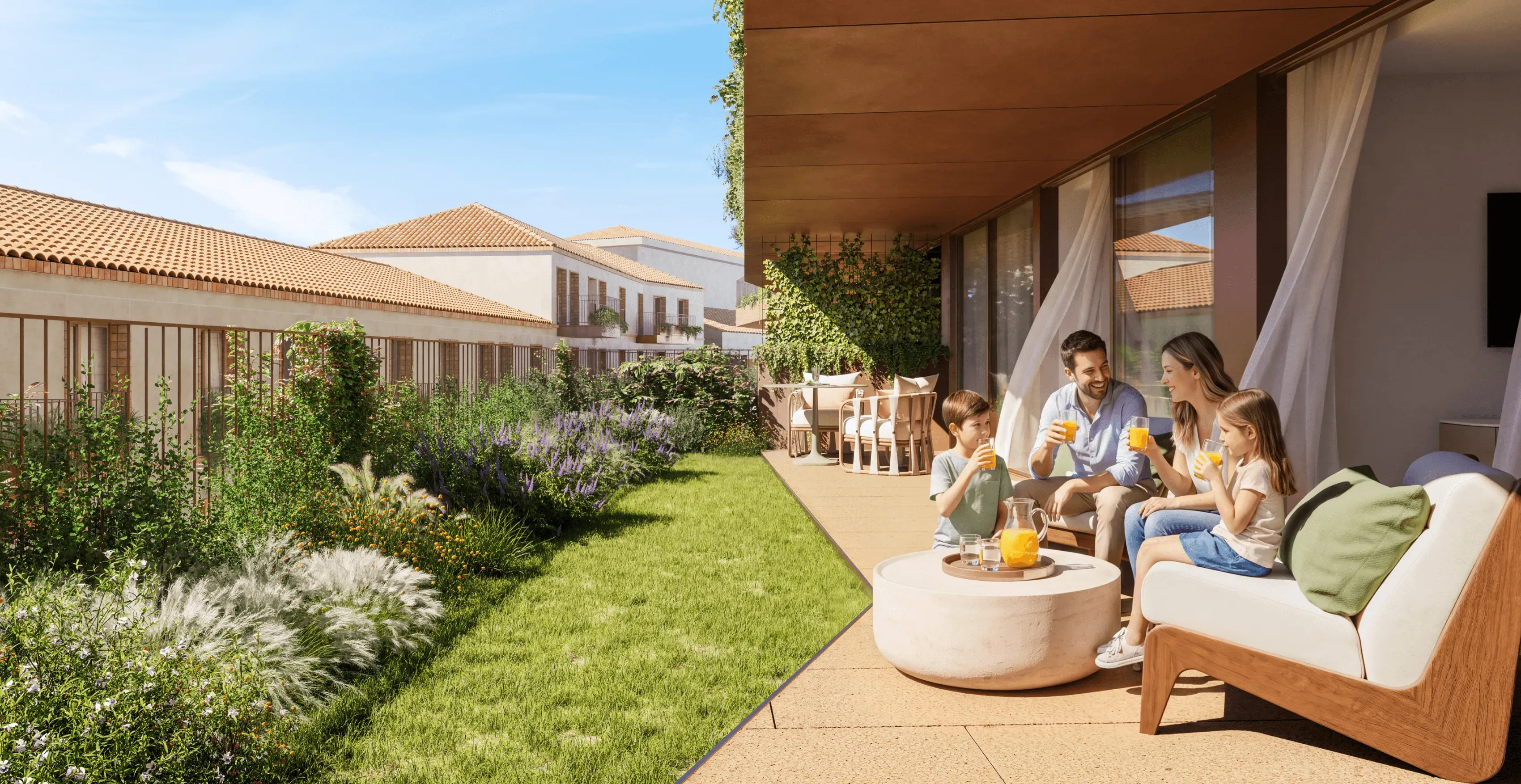 Contemporary residential terrace featuring elegant outdoor furniture, natural wood finishes, and a lush private garden with flowering plants. A family enjoys drinks together in a comfortable seating area, surrounded by modern architecture, expansive glass doors, and warm natural sunlight, creating a peaceful and welcoming outdoor living atmosphere.