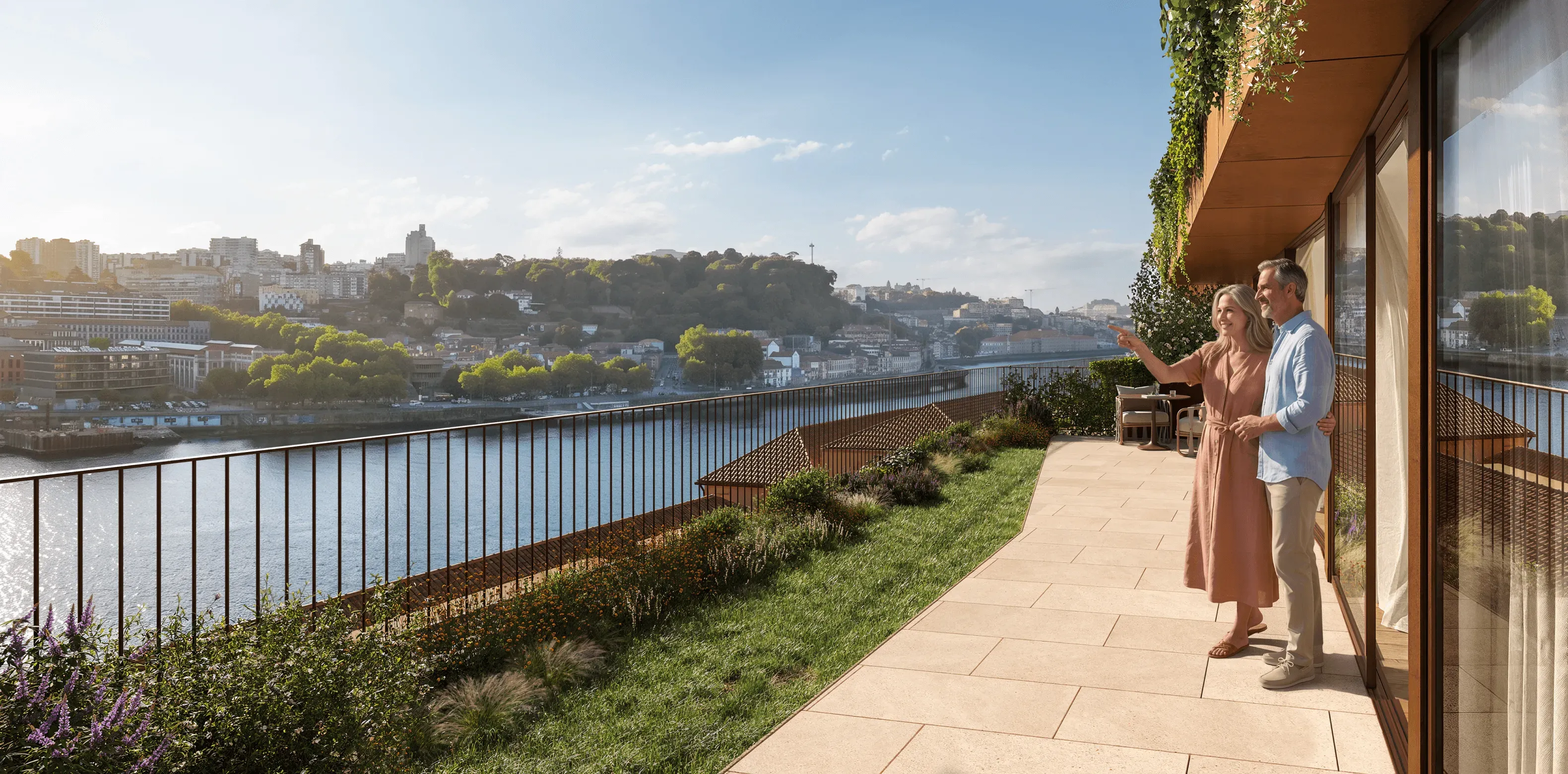 Contemporary waterfront residential terrace featuring landscaped gardens, lush greenery, elegant stone flooring, and expansive glass doors. A couple enjoys panoramic views of the river and surrounding cityscape, with warm natural sunlight creating a peaceful and sophisticated outdoor living atmosphere.