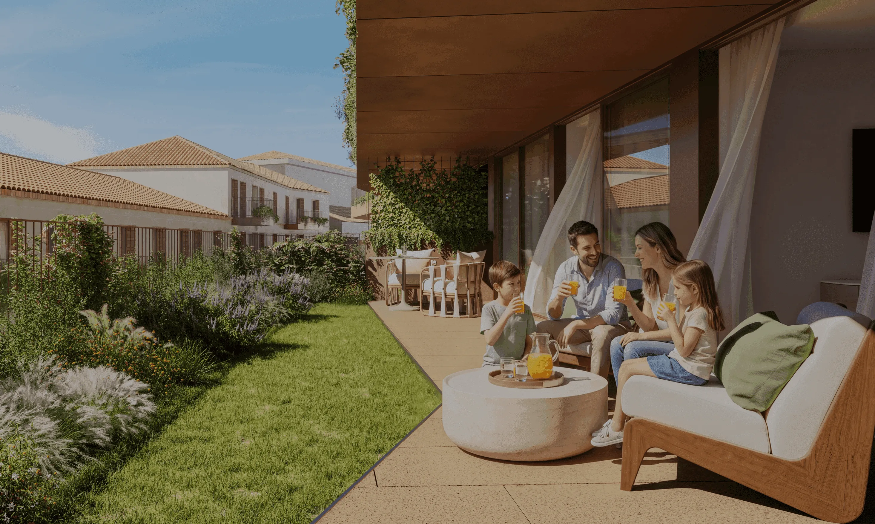 Happy family of four enjoying fresh orange juice on a sunny private terrace, surrounded by lush gardens, modern architecture, comfortable outdoor seating, and a peaceful residential setting.