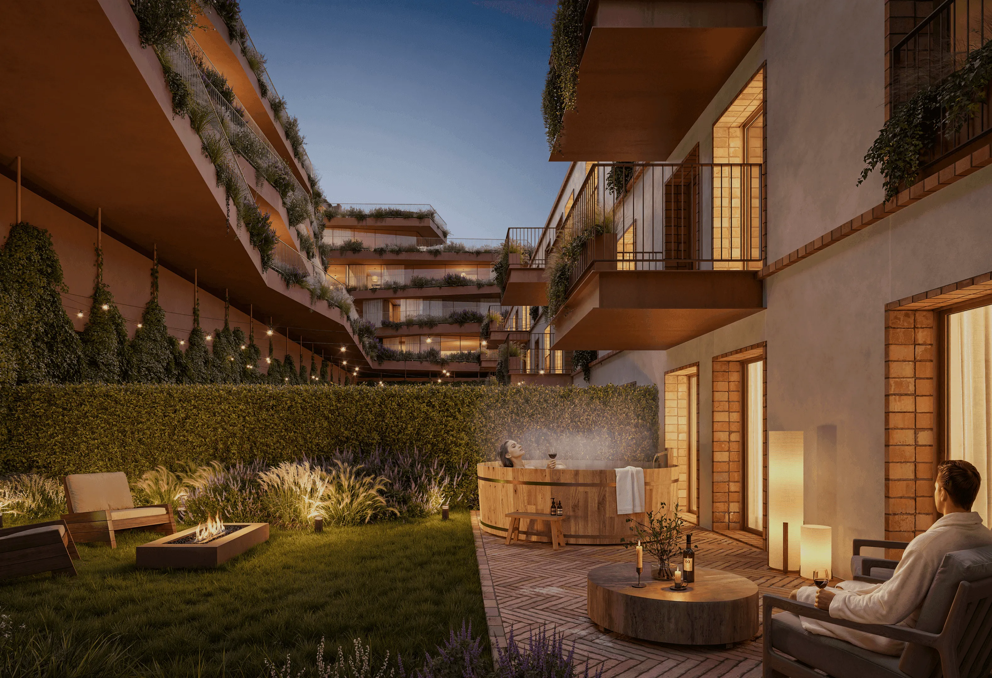 Modern residential courtyard at dusk, featuring lush gardens, wooden balconies with greenery, a private outdoor hot tub, cozy seating areas, and warm ambient lighting.