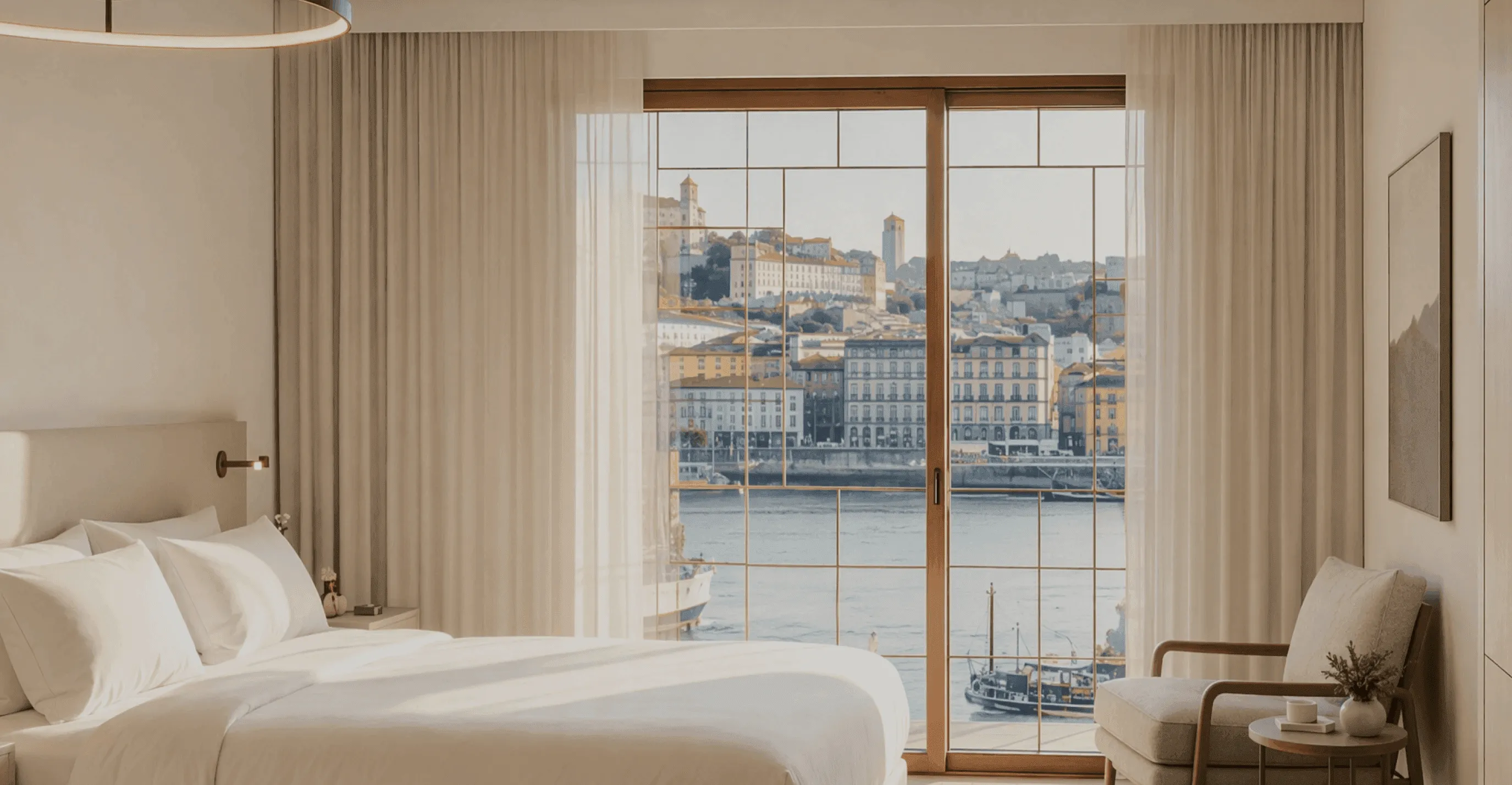 Elegant modern bedroom with a large white bed, soft neutral furnishings, floor-to-ceiling curtains, and expansive glass doors overlooking a scenic waterfront cityscape with historic buildings and boats.